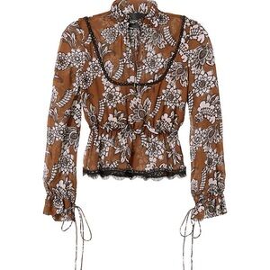 MOVING SALE Nicholas Floral Lace-Trim Brown Long-Sleeve Blouse